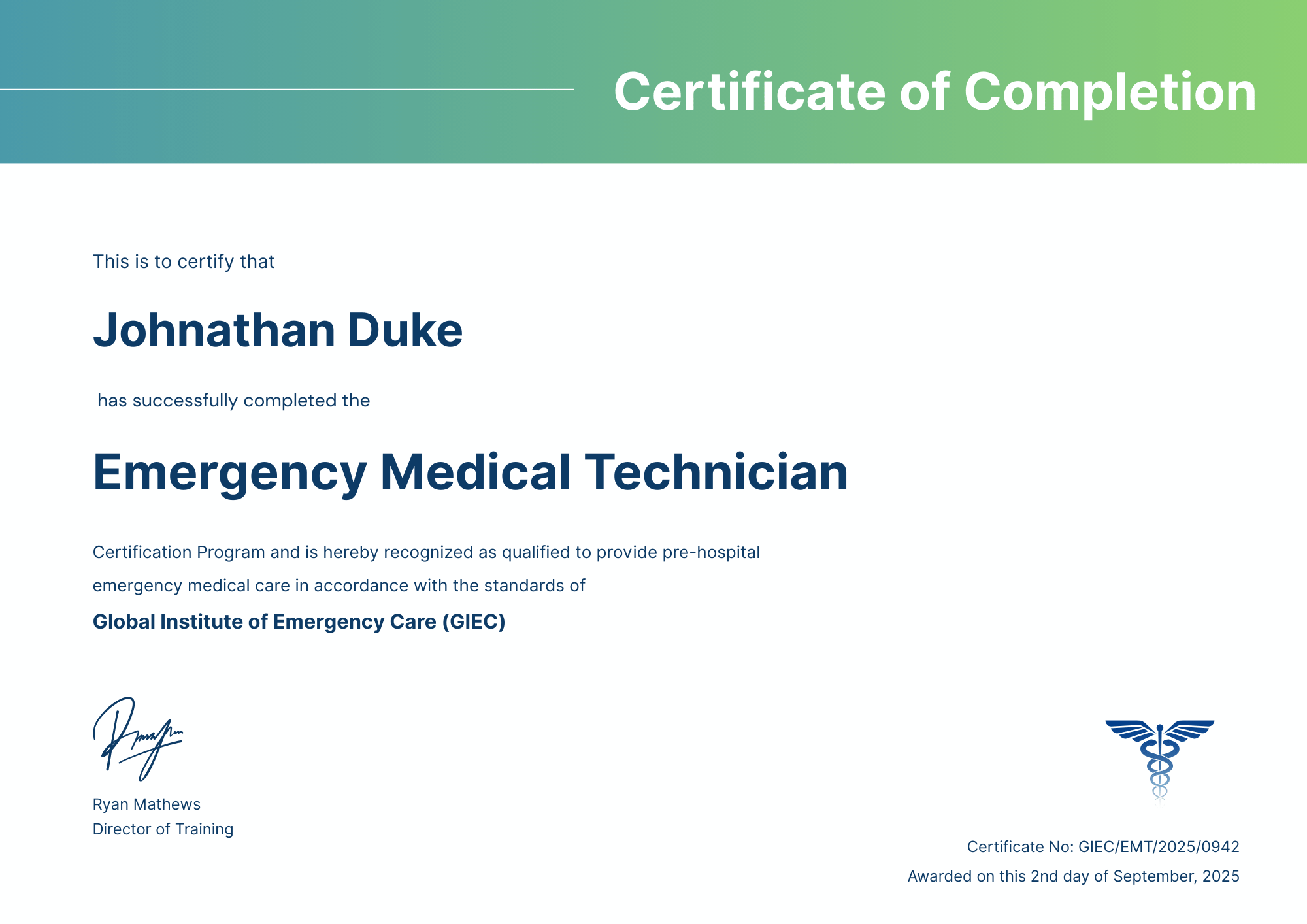 Modern EMT Certificate Template with Structured Border Design